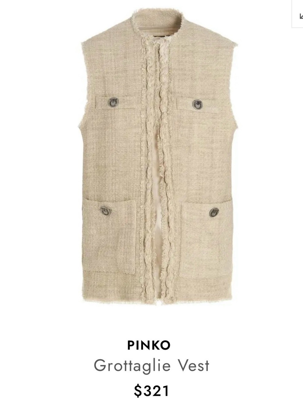 PINKO Cream Textured Tweed Sleeveless Vest